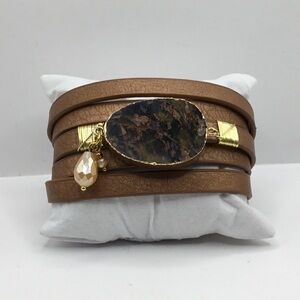 BOHO Brown Leather Wrap Bracelet with Stone Accent and Faceted Glass Beads